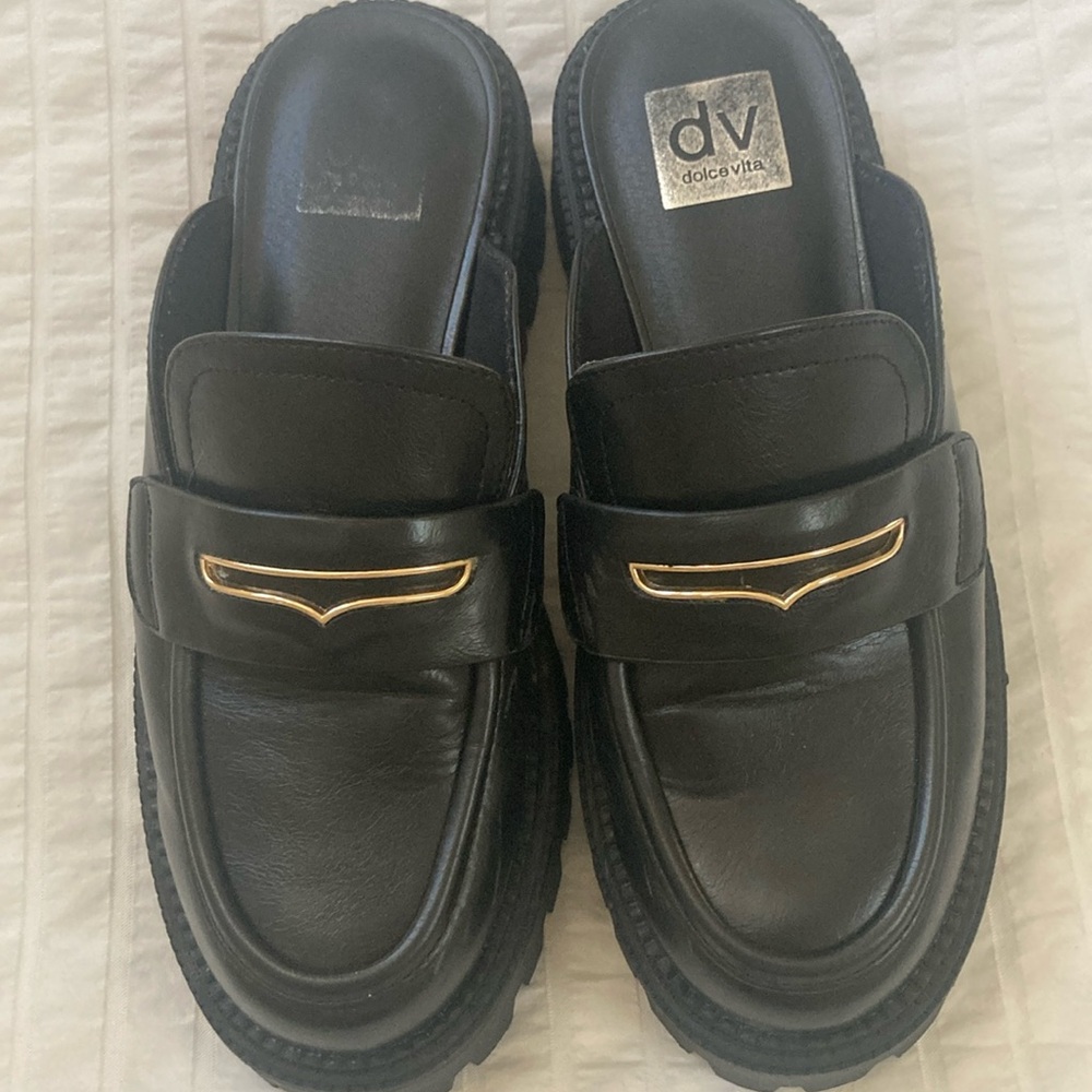 DV by Dolce Vita Liptun Lug Sole Platform Clog Mules Sz 7.5 Black Loafers Chunky